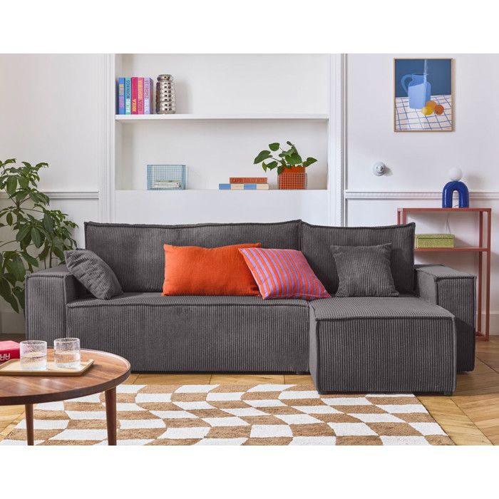Canapé D'Angle Convertible 3 Places - Velours Côtelé Beige - Repose-Pieds, Porte-Gobelet, USB - 213x139 Cm