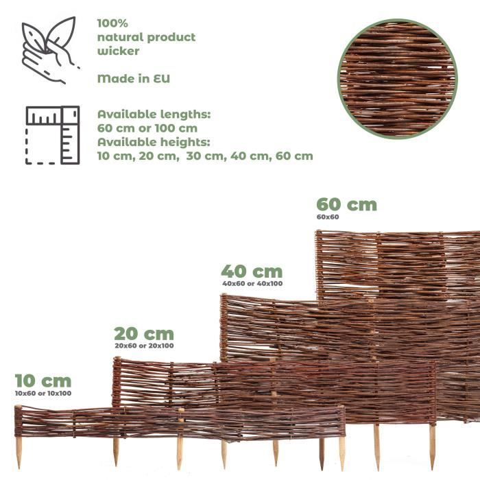 10 x Bordure de parterre en saule BOGATECO | Longueur 60 cm & Hauteur 40 cm | Bordure de pelouse en bois