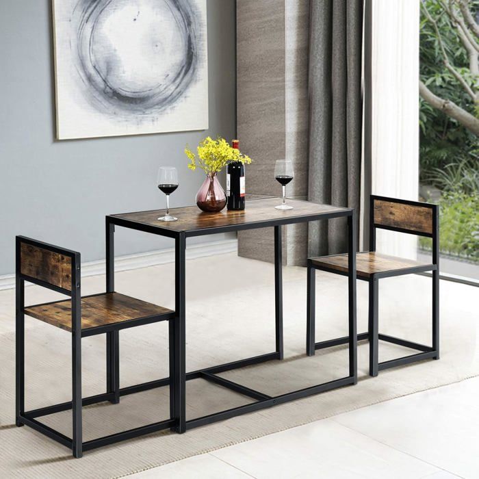 COSTWAY Ensemble Table à Manger 1 Table et 2 Chaises Encastrable Style Industriel Moderne pour Salle à Manger Bistro Brun Rustique