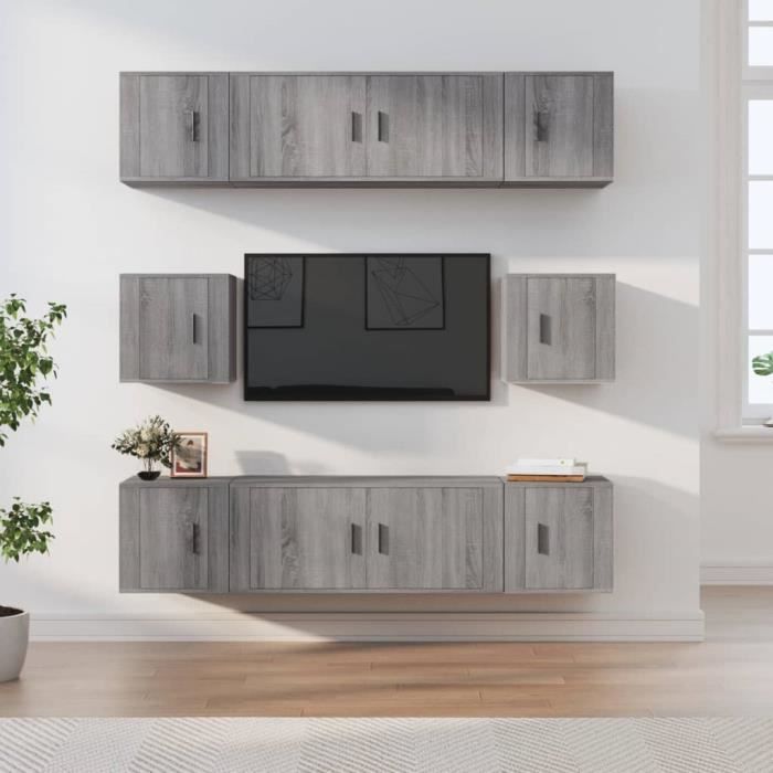 Ensemble De Meubles De Salon Blanc Suspendus Collection CEPTO VI 256cm 7 Portes 6 Etageres Dont Une Murale Leds Modulables
