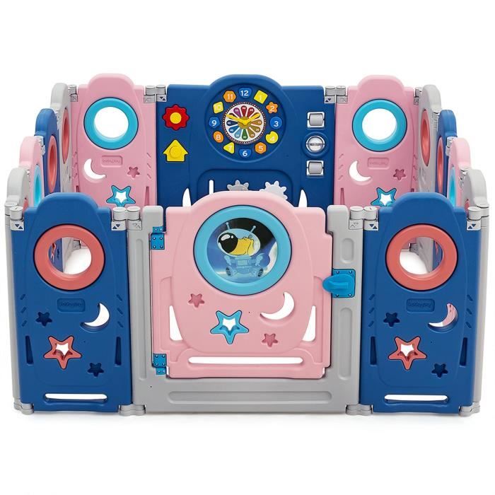 DREAMADE Parc Bébé Pliable 14 Panneaux avec 2 Portes et Panneau de Jeu, Barriere de Sécurité avec Sonores, pour Enfant 6-36Mois