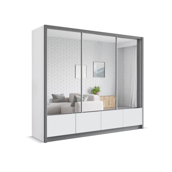 Armoire avec tiroirs Silu 250 blanc + miroir - armoire avec miroir et porte coulissante, grand espace de rangement