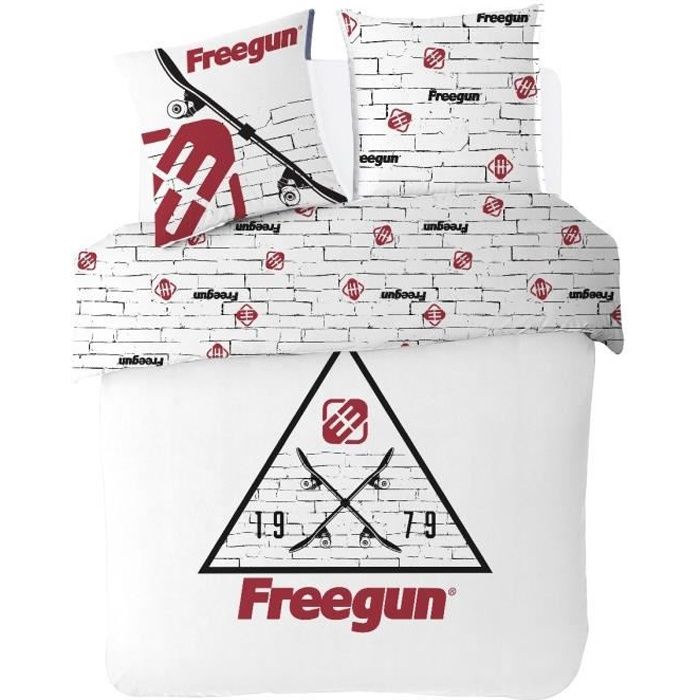 Freegun - Housse De Couette Ado Skateboard 200 x 200 cm + 2 Taies d'oreiller 63 x 63cm - Parure De Lit 2 Personnes - Blanc - 100% Co