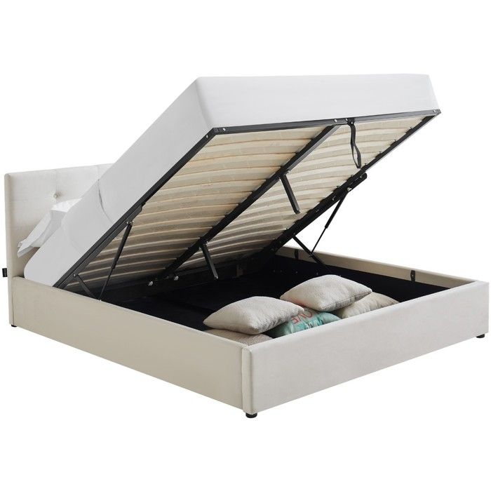 Lit coffre adulte 160x200 cm avec tête de lit matelassée en velours beige et sommier - Tina