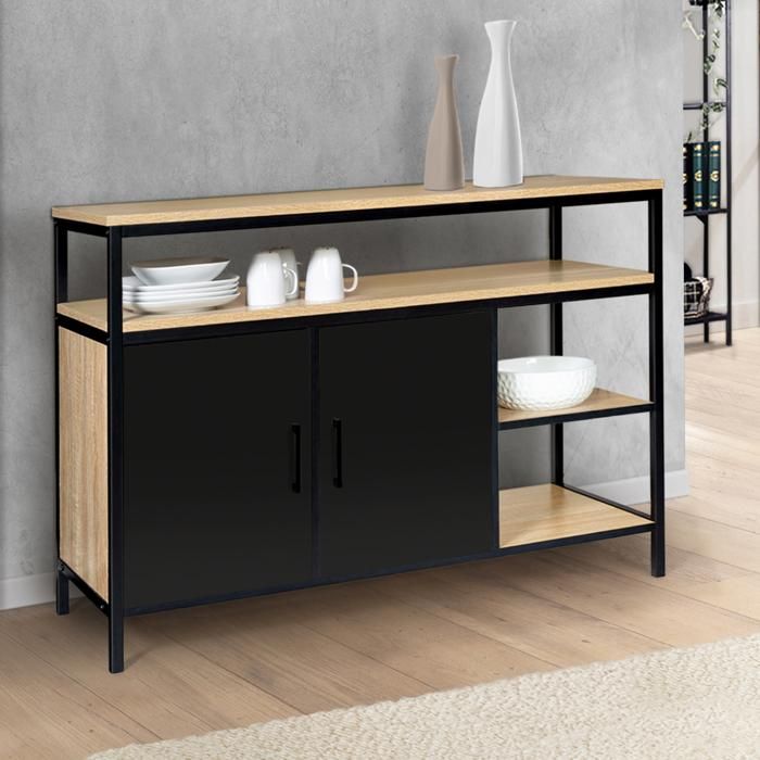 Buffet Bas Design Industriel Detroit 3 Portes - 113x40x60 Cm - Bois Et Métal Noir - Rangement Spacieux Pour Salle à Manger Ou Entrée