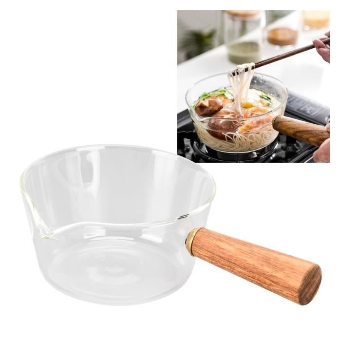 RUJ® Pot à lait en verre avec manche en bois bec en forme de V nouilles casserole maison cuisine ustensiles cuisine accessoire (400