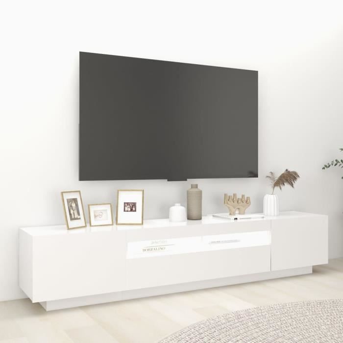 Meuble TV - KIMISS - Blanc - LED RVB - 200x35x40 cm