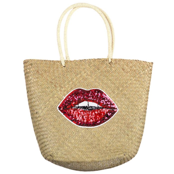 Sac de plage POP PLAYA paille de blé tréssée motif bouche sequins