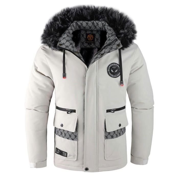 Manteau Hiver Homme Capuche Fausse Fourrure Doublé Polaire Casual Veste  Chaude Epaisse Confortable Couleur Unie