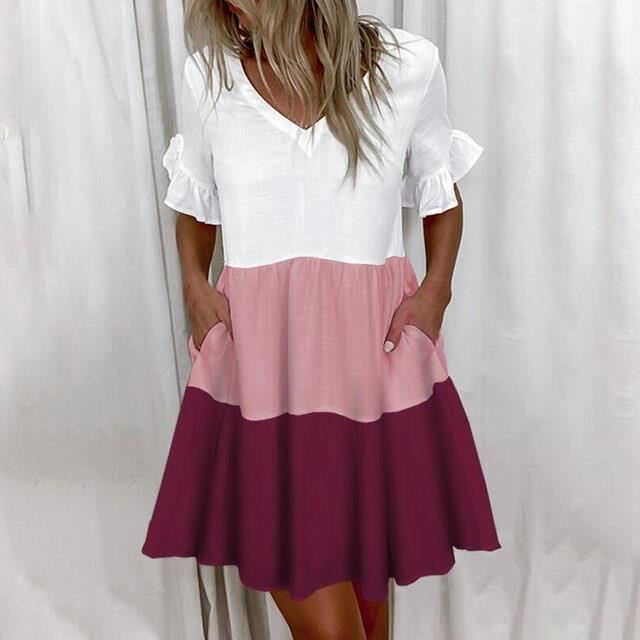 Robe - Red - Mini robe ?� volants pour femmes - col en v - imprim?� Floral - Patchwork Blanc 