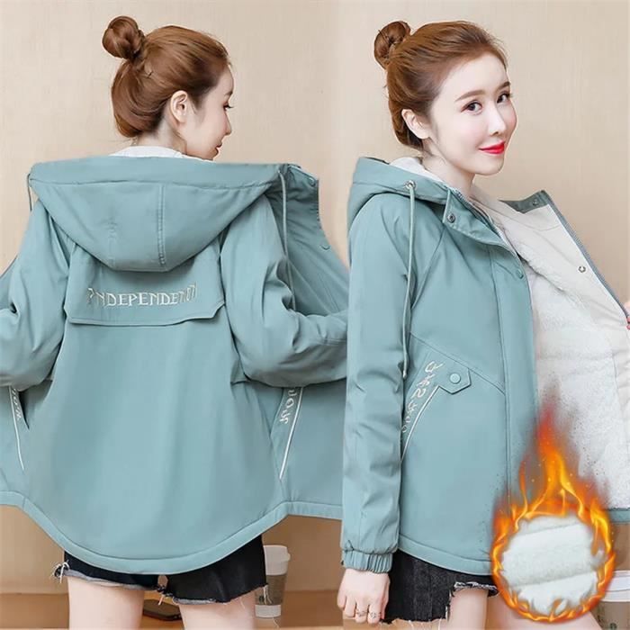 Parka Femme A Capuche Double Polaire Epais Chaud Taille Elastiquee Couleur Unie Bleu Fonce