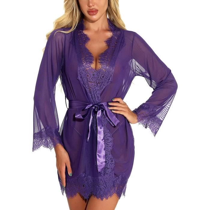 Peignoir Satin Femme Mariage - Kimono Court Col V, Ceinture, Broderie Mariée/Demoiselle D'honneur, Polyester