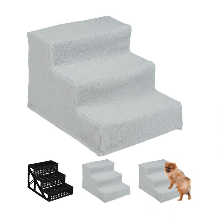 Relaxdays Escalier pour chien 3 marches petits & grands lit et canapé revêtement en tissu HxLxP 30x35x45 cm gris
