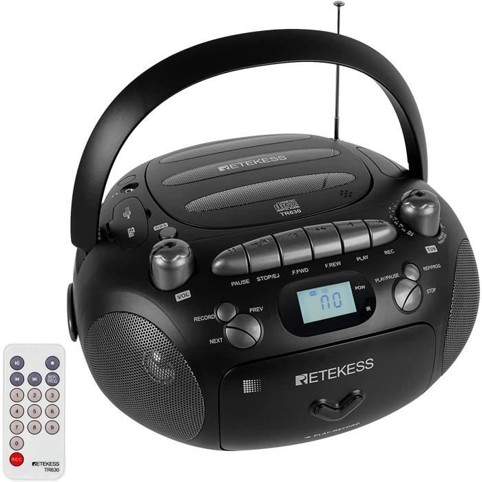 Retekess TR630 Lecteur CD Portable et Enregistreur de Cassettes avec Télécommande - Radio FM AM - Lecture USB/TF Carte - Noir