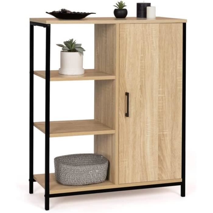 Buffet D'Appoint VITO 70cm - 3 Étagères + Placard - Noir Et Bois