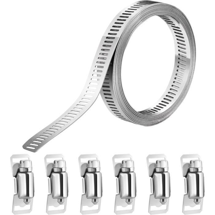 Collier De Serrage Inox 304 5M + 10 Fixations - Bande Réglable Tuyaux Piscine Jardin Voiture