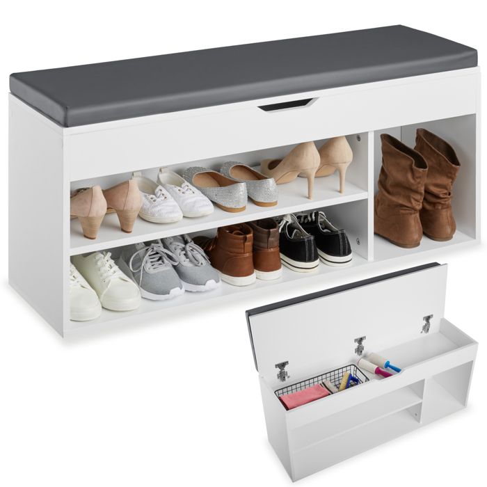 Meuble à chaussures - TECTAKE - Banc à chaussures NATALIA en bois MDF avec assise rembourrée 104 x 30 x 49 cm - Blanc