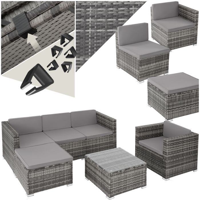 Salon de jardin - TECTAKE - Ensemble lounge dextérieur LIGNANO 5 places modulaire fauteuils et 1 table avec plaque en verre - Gris