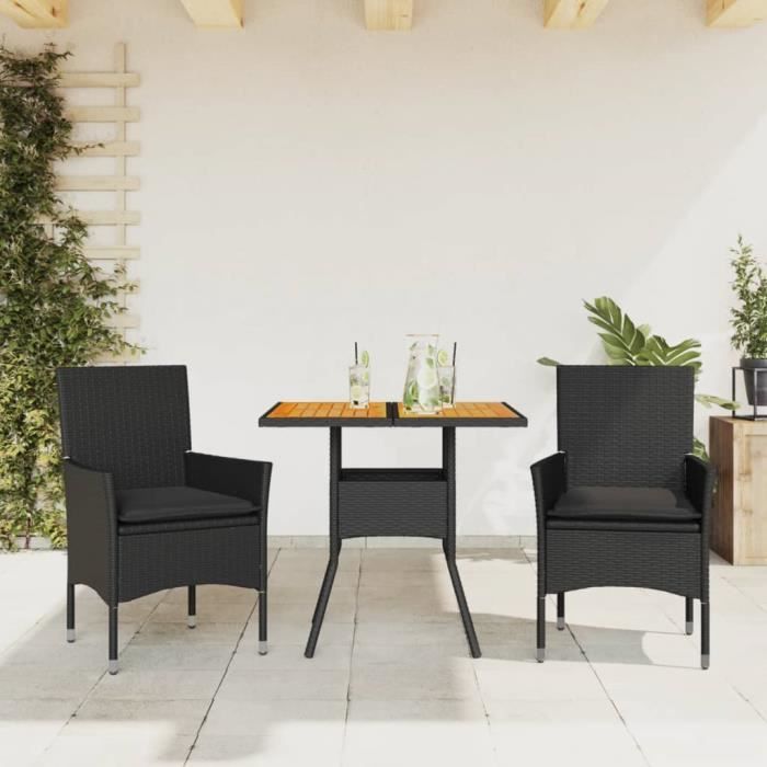 Ensemble à manger de jardin - Noir - 3 pcs - Coussins amovibles - Résine tressée - Acacia