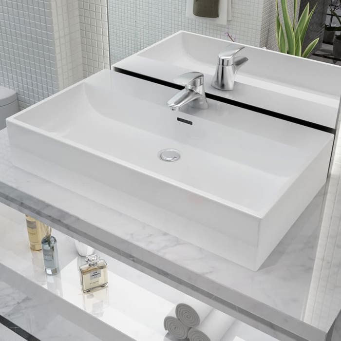 Vasque en céramique blanche VIDAXL - 76x425x145 cm - Rectangulaire - A poser