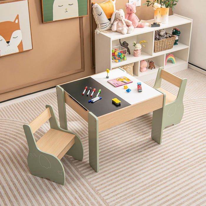 LIFEZEAL Table Enfant Avec 2 Chaises - Meuble Enfants Vert Avec Rangement, Charge 30kg, 3-6 Ans