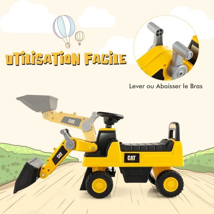 Bulldozer Enfant DREAMADE – Pelle Orientable, Klaxon, Volant, Siège Rangement, 1-3 Ans, 88 Cm, Sécurité Anti-recul, Cadeau