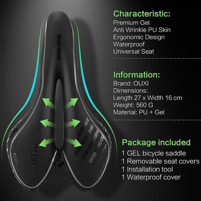 Selle De Vélo Ultra Confort Avec Gel Silicone – Ergonomique 25x21 Cm, Imperméable PU, Pour Ville, VTT, Route