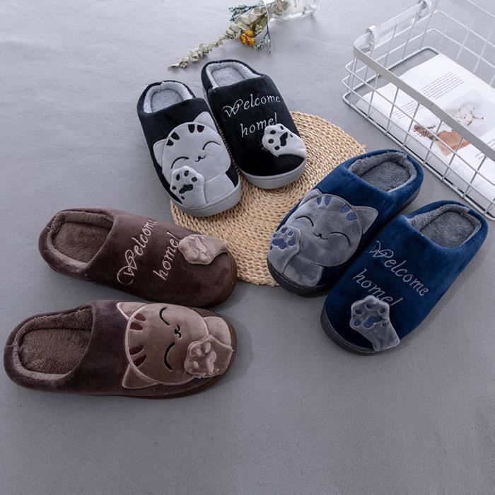 Mignon Chat Pantoufles Homme Femme Peluche Chaudes Hiver