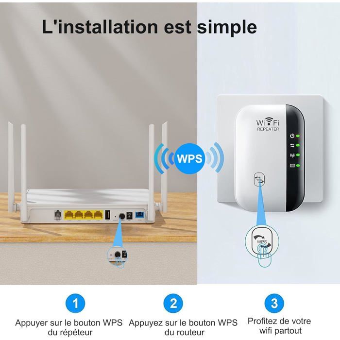 Répéteur WiFi Amplificateur WiFi 300Mbps Couvre Jusqu'à 200㎡, WiFi