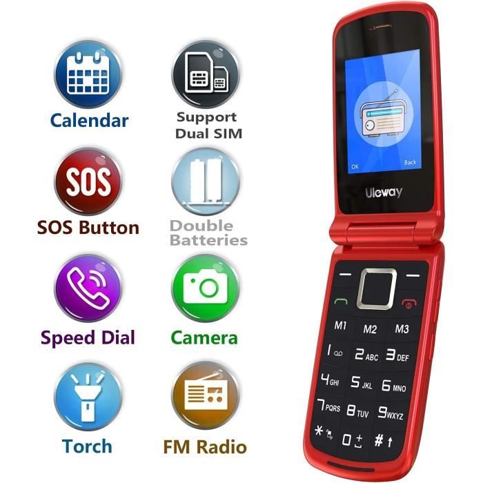 uleway 3G Téléphone Portable Senior Clapet Débloqué avec Grandes  Touches,Basique Telephone Mobile pour Personne Agée，Big Volume Bouton SOS  Siège de Charge(Rouge) : : Hygiène et Santé