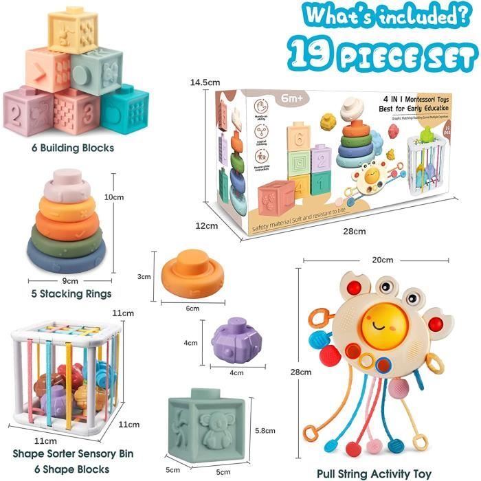 Joyreal Jouet Bebe 6 Mois, 4 en 1 Jouet Montessori pour Bébé Eveil, Cube  D'activité