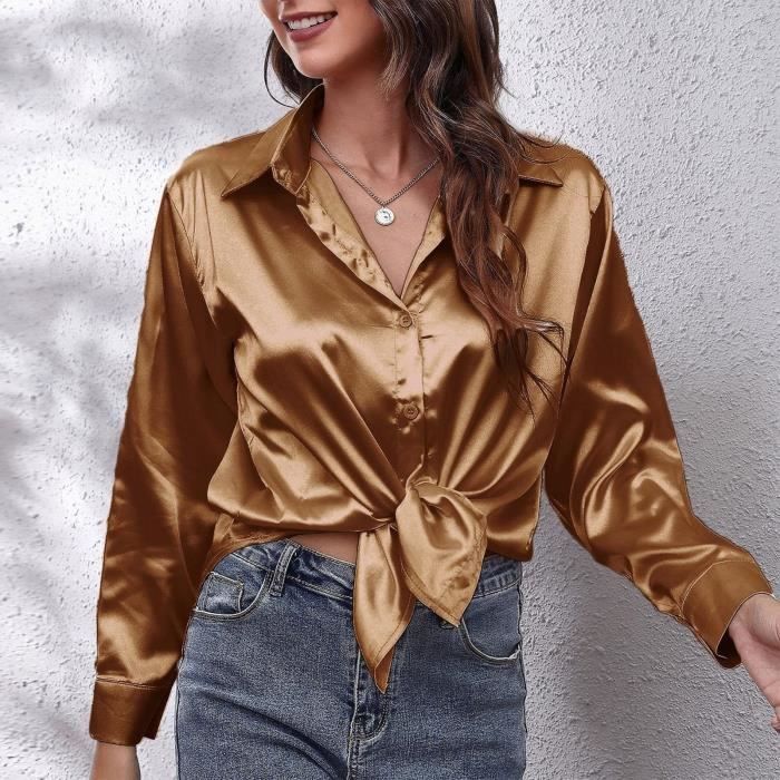 Chemisier pour Femme Chic et Elegant Chemise Femme a Manches Longues en Satin Decontractee avec Col en V Sexy Blouse Liquette Brun Cdiscount Pret a Porter