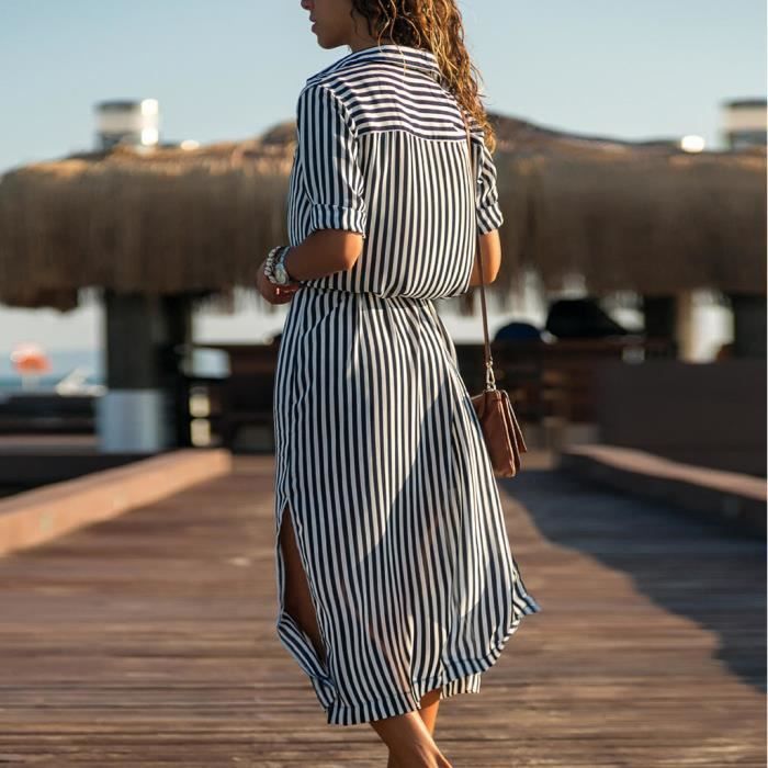 Robe Chemise Femme à Rayures - Manches Longues Col V | Décontractée, Bureau, Casual