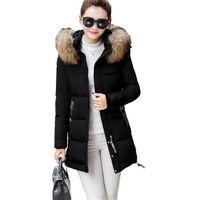 Doudoune femme S-XL Marque luxe Section moyenne et longue col en fourrure à capuche Épais chaud Mince blouson hiver Noir