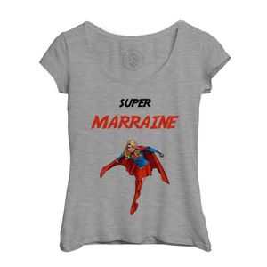 T-SHIRT T-shirt Femme Col Echancré Gris Super Marraine Super Woman Super Heros