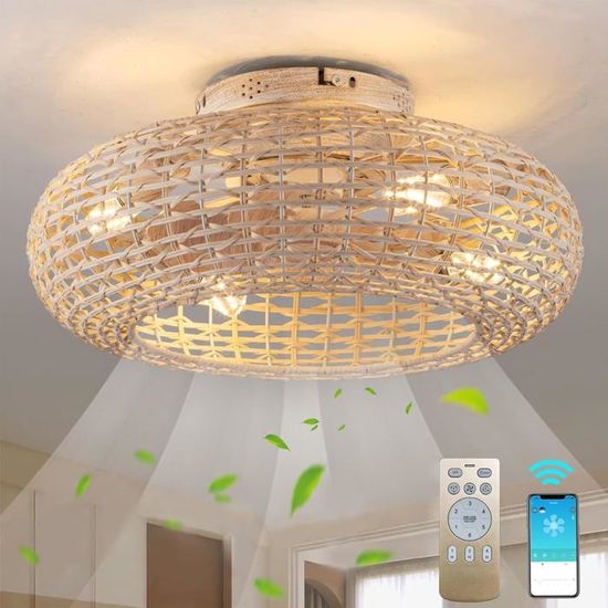 Ventilateur De Plafond Avec Lumière Style Bohème - Rotin Et Bambou, 6 Vitesses, Télécommande, Réversible - 50 Cm