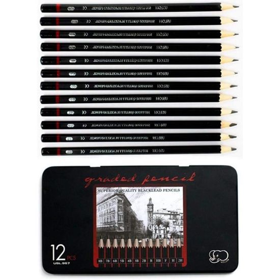 Kit De 12 Crayons à Dessin + Trousse Et Gomme - Degrés 2H à 8B, Pour Artistes, Débutants, Croquis
