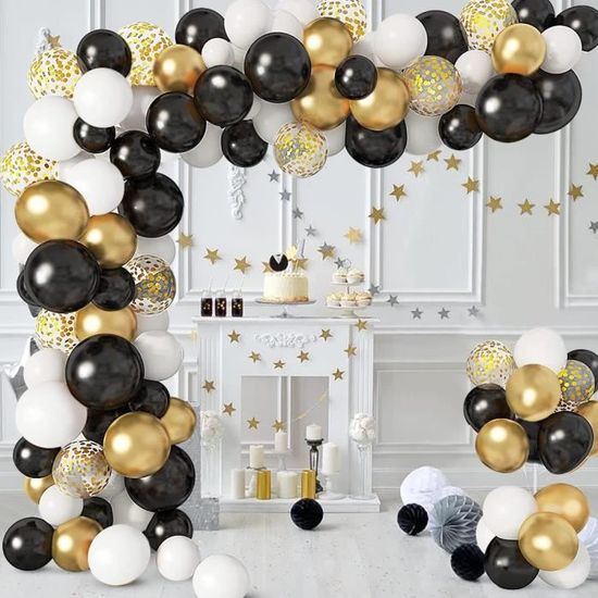 Kit Décoration Anniversaire - 144 Ballons Latex, Bannière, Ruban, Points Colle | Thème Noir, Gris, Blanc Avec étoiles