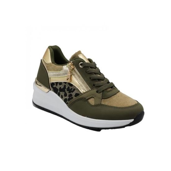 Baskets Compensées XTI En Cuir Kaki - Taille 40 - Occasion Bon état - Style Ville