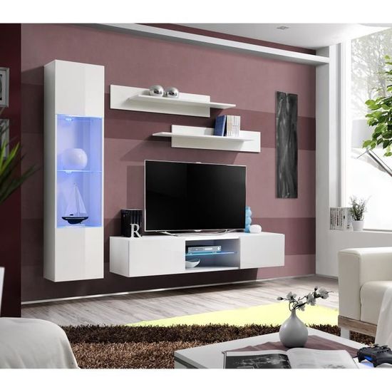 Furnitech Ensemble Meuble TV Mural Suspendu Salon – Meuble Salon Design Moderne Avec Colonnes - Vitrines Et Rangements Sans éclairage LED (Future 32-HG-BW6 1M