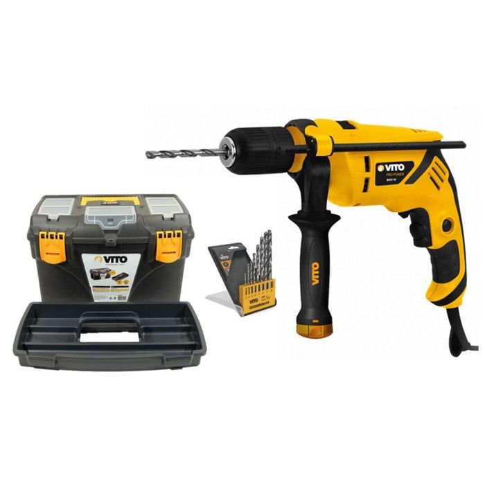 Perceuse Visseuse à percussion 600W VITO mandrin 13mm poignée Coffret forêts 8 pièces Acier inclus