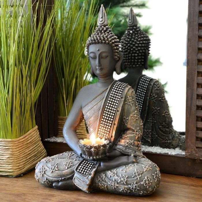 INtrenDU Bouddha Statuette chinois 31cm avec chandelier décoration zen pour intérieur feng shui