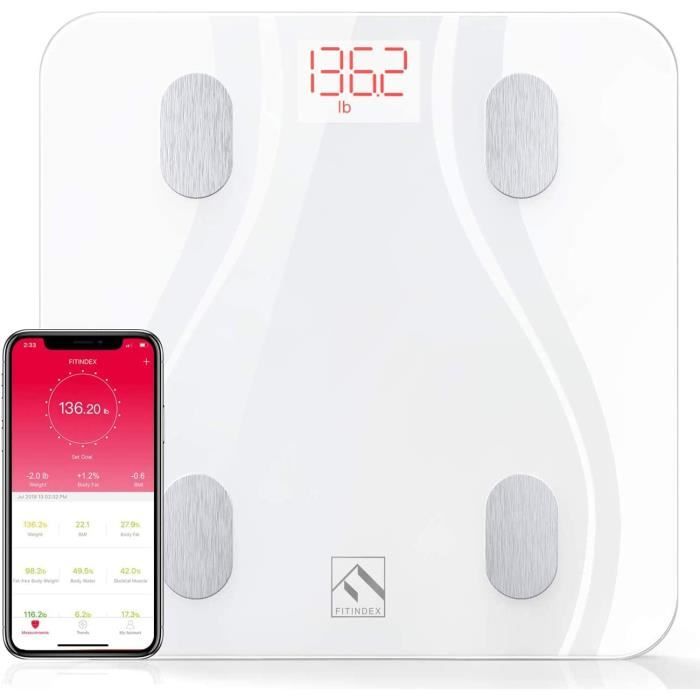 Pèse Personne Impédancemètre, FITINDEX Pèse Personnes Connecte Bluetooth Haute Précision Balance Connecté Impedancemetre avec 13 Don