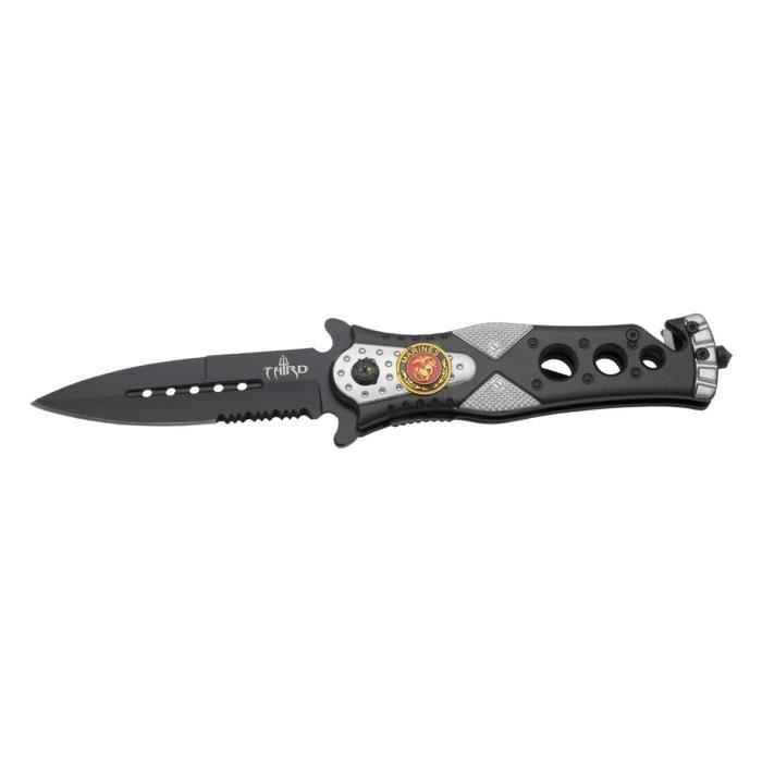 Couteau de sécurité Third K2775GYS Emblème Marines avec scie et étui nylon, lame 10.1 cm en acier inoxydable, manche 12 cm