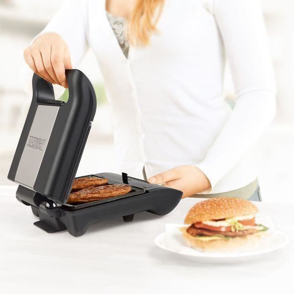 Grill Multifonctions pour Légume, Viandes, Croque monsieur, Panini, Sandwich à plaques Anti Adhésive 700W noir finition Inox