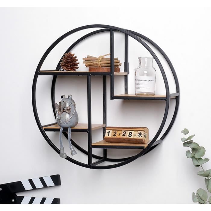 CR Étagère murale ronde en bois et métal - 37.5*37.5cm - Noir