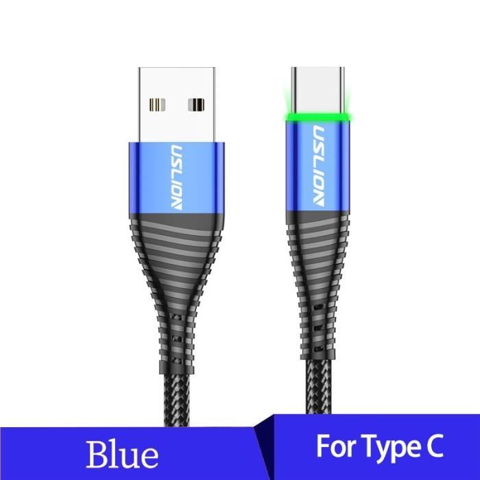 Taille 0.5m - Câble USB type-c LED de pour recharge rapide, Cordon de chargeur pour téléphone Samsung Galaxy - Bleu