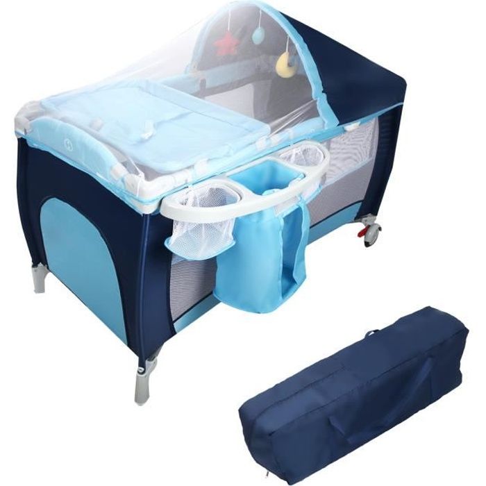 COSTWAY Lit Bébé Parapluie pour Voyage avec Matelas Bleu 120 x 60 x 76 cm 2 Etages Moustiquaire+3Jouets+Boîte à Musique avec Lumière