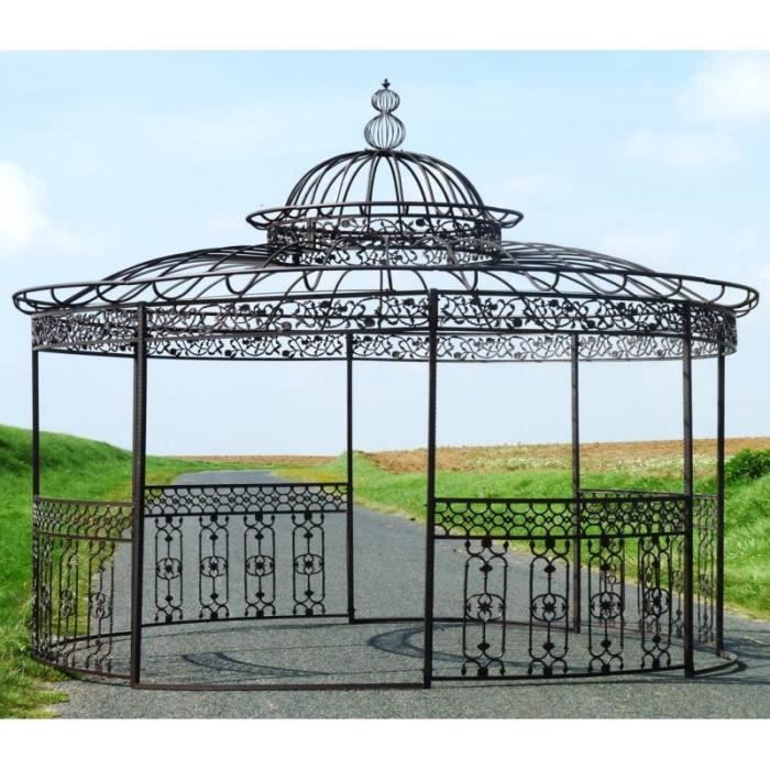 Majestueuse Tonnelle Kiosque de Jardin Pergola Abris Rond Kiosque en Fer Forgé et Fonte Marron 340x500x500cm