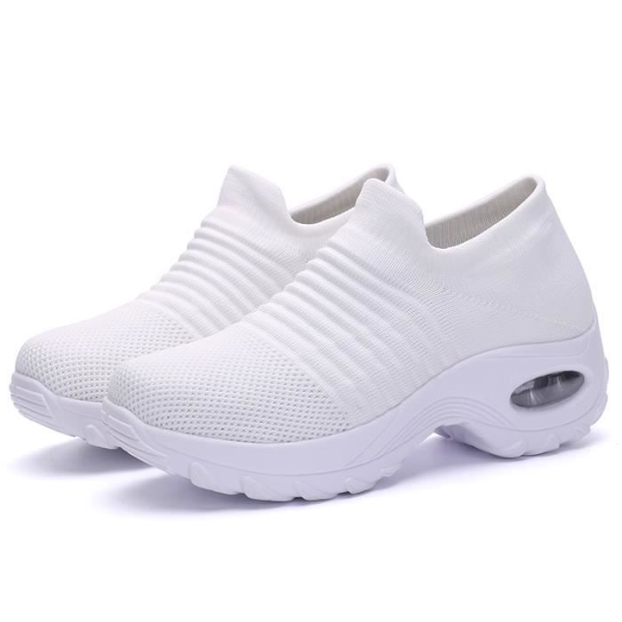 Chaussures de course de sport en maille pour hommes et femmes-blanc